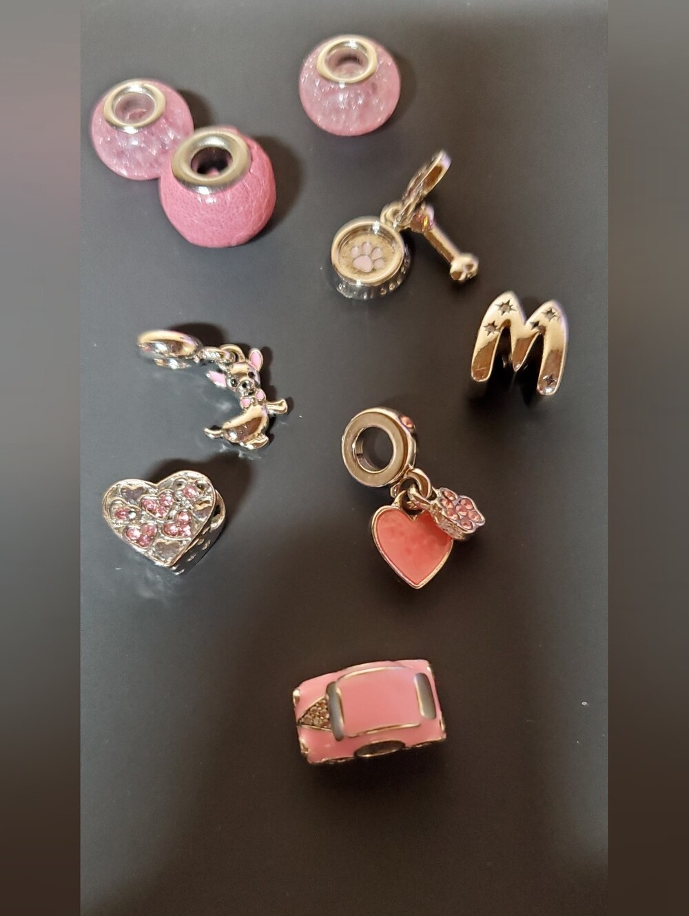 Lot of 9 Brand New Pink & Silver Tone European Charm Bead Dangles & Spacers